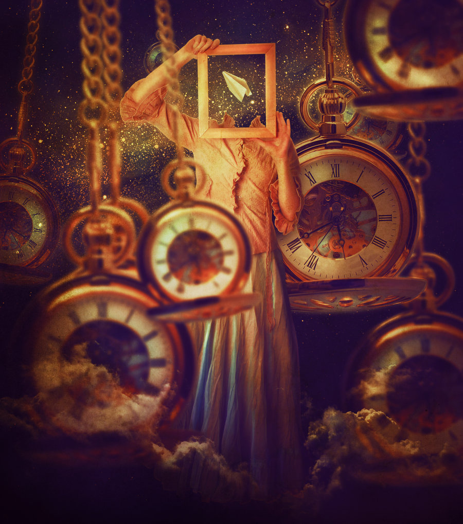 Фото Девушка без головы с рамкой в руках среди огромных карманных часов, работа LanaTustich
