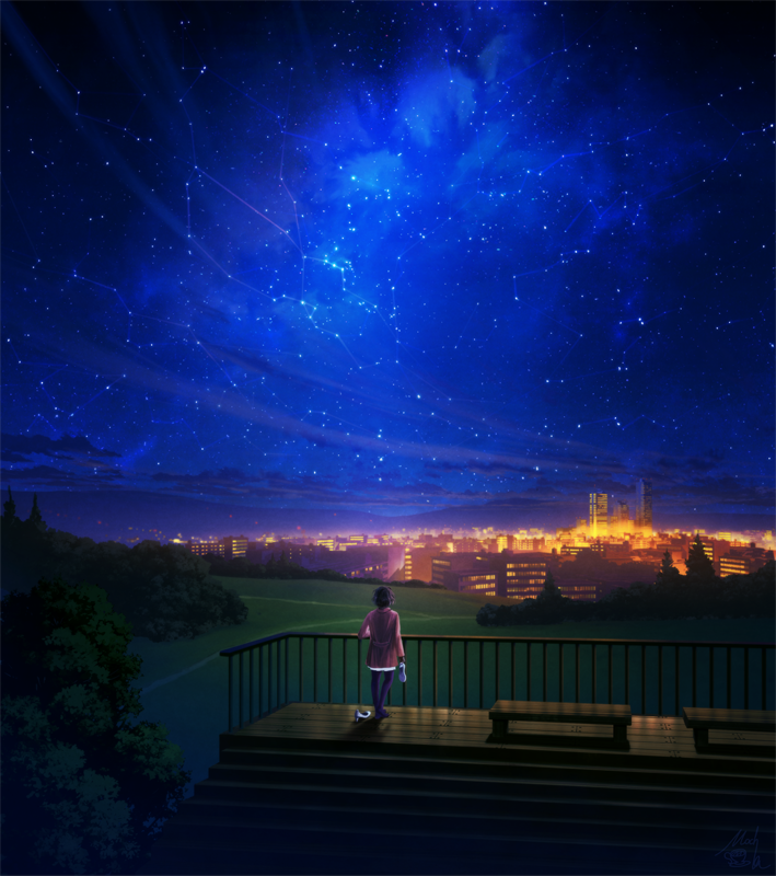 Фото Девушка стоит на террасе на фоне ночного города