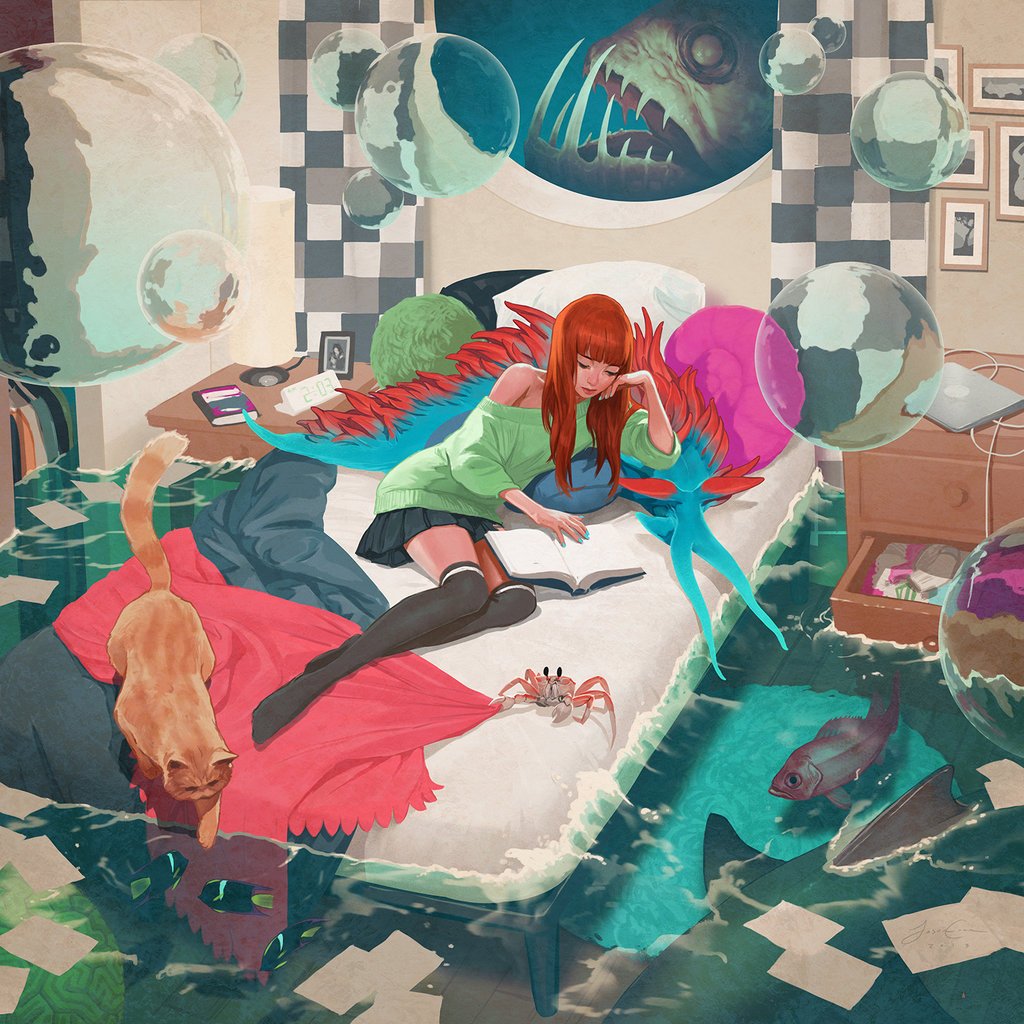 Фото Девушка лежит на постели с книгой, вокруг кровати вода и плавают рыбки и кит, by JasonChanArt