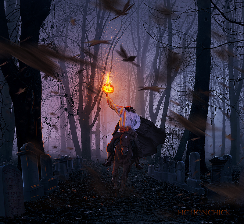 Фото Всадник без головы с горящей тыквой в руке скачет на лошаде по кладбищу, работа FictionChick