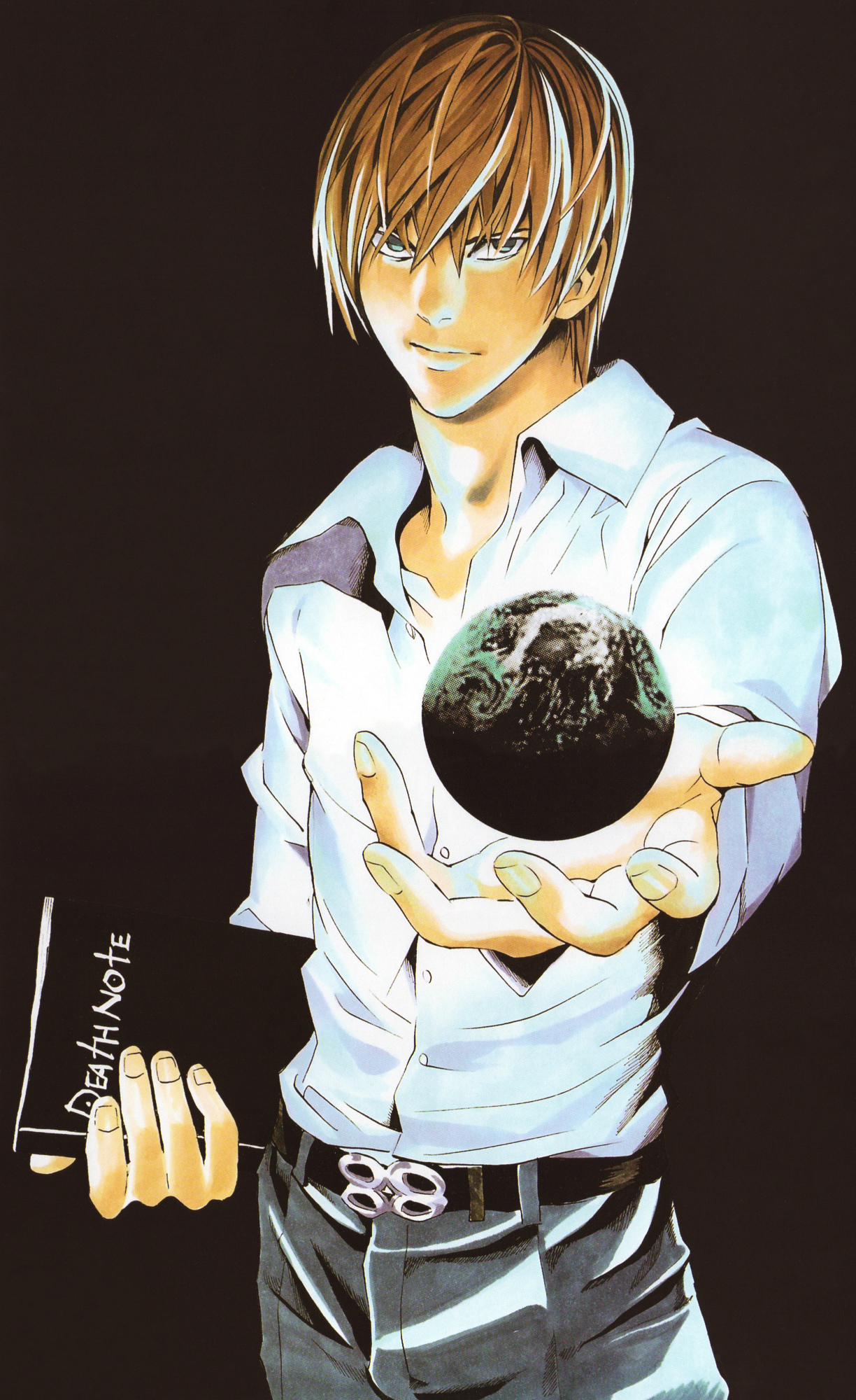 Фото Yagami Light держит в руке Землю, аниме Death Note / Тетрадь смерти,  art by Takeshi Obata