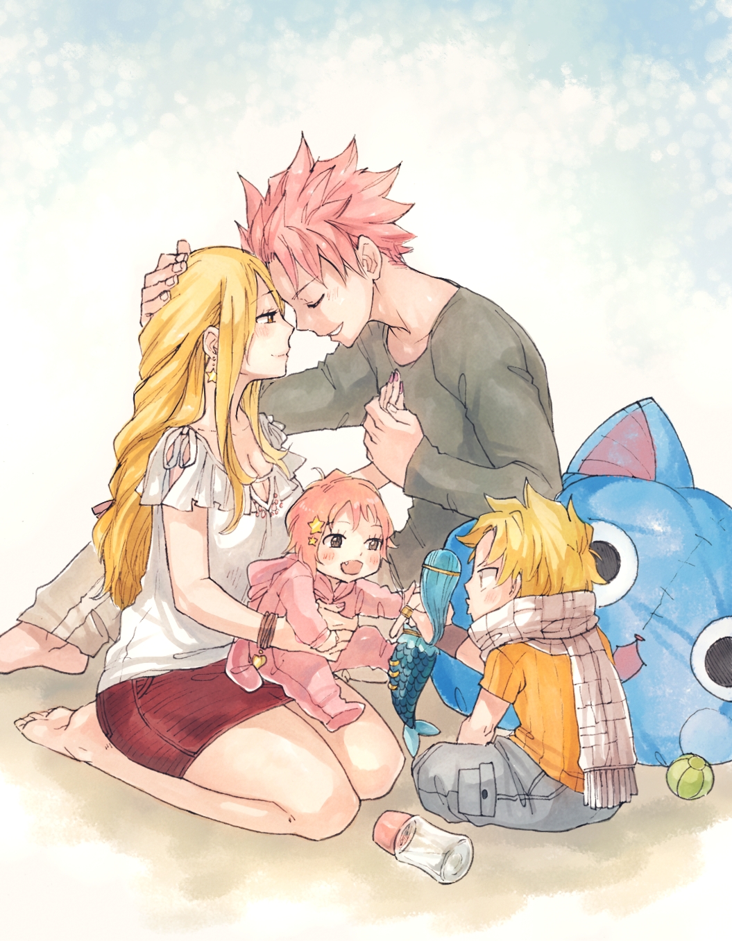 Фото Lucy Heartfilia / Люси Хартфилия и Natsu Dragneel / Нацу Драгнил со своими детьми, рядом лежит игрушка в виде Happy / Хэппи з аниме Фейри Тейл / Хвост Феи / Fairy Tail