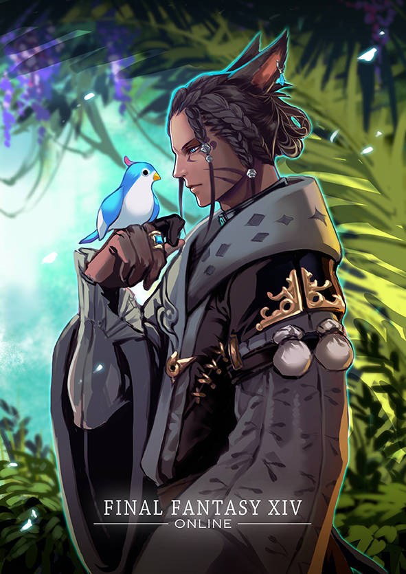 Фото Парень расы miqote / микоте с птицей на руке, арт к игре Final Fantasy XIV / Последняя фантазия XlV