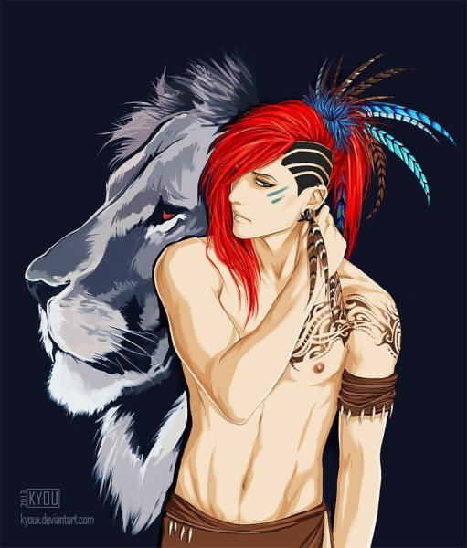 Фото Красноволосый парень с татуировками на плече и лице на фоне льва, автор kyoux