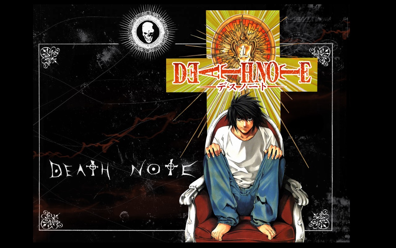 Фото L сидит в кресле из аниме Death Note / Тетрадь смерти, art by Takeshi  Obata