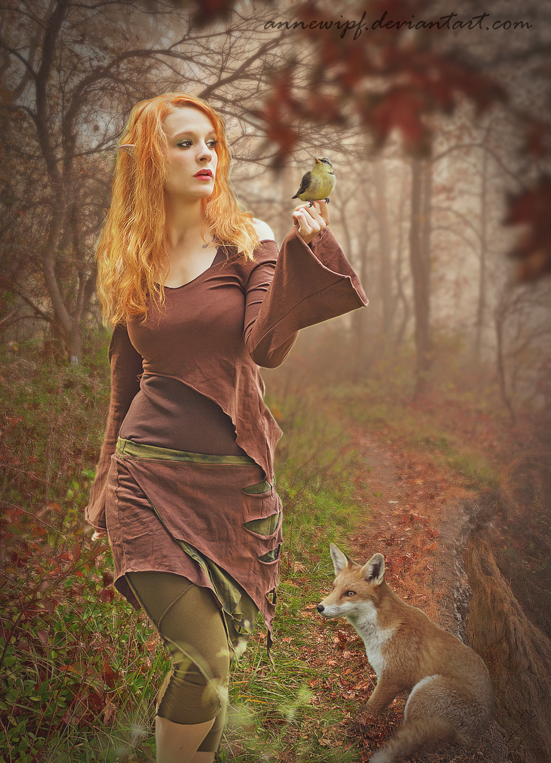 Фото Девушка-эльф, на руке которой сидит птица, и лиса в осеннем лесу, работа annewipf