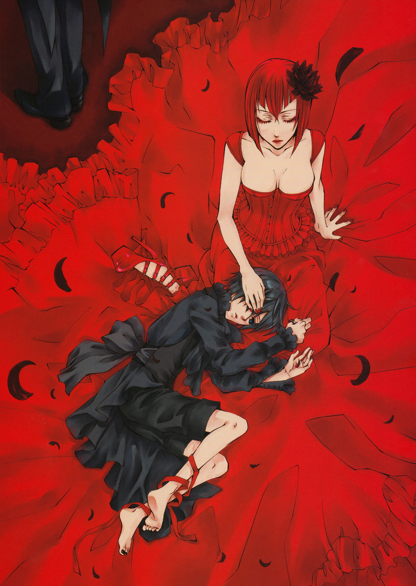 Фото Ciel Phantomhive лежит головой на коленях у madame Red, аниме Kuroshitsuji / Темный дворецкий, art by Yona Toboso