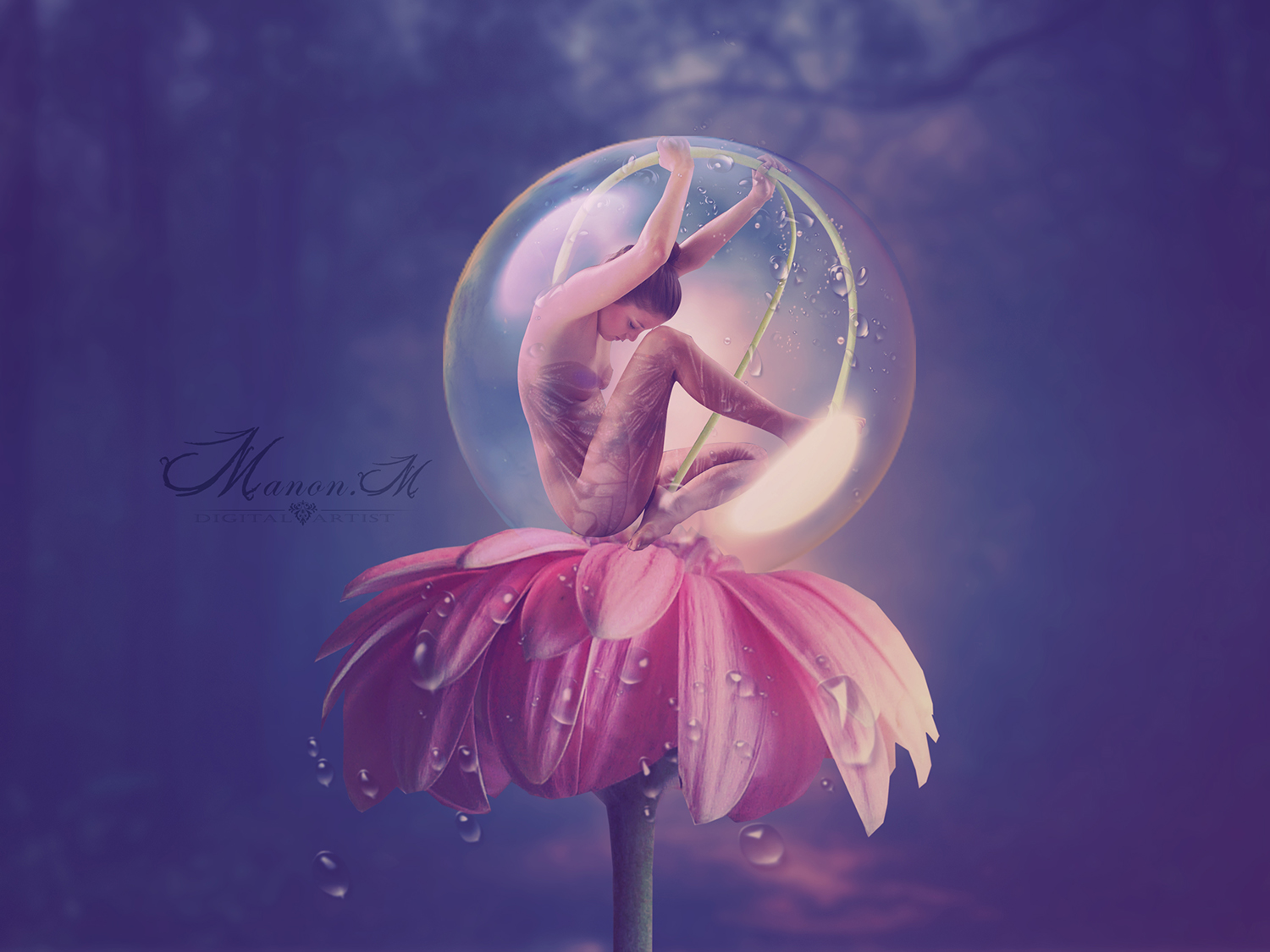 Фото Девушка в прозрачном шаре сидит на розовой гербере в каплях росы, by Manon-M