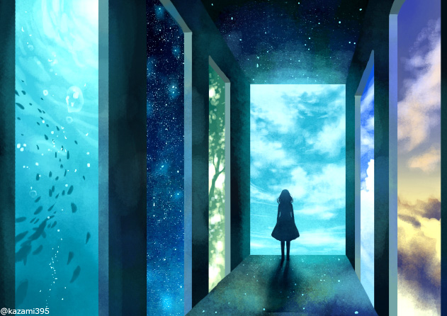 Фото Девушка стоит в коридоре, где за стеклами отражается облачное небо, подводный мир и космос