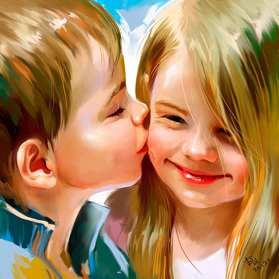 Фото Мальчик целует в щечку улыбающуюся девочку / первый поцелуй