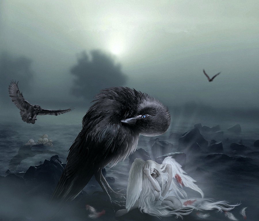Фото Белый ангел сидит с окровавленными перьями, взявшись за голову, рядом сидит огромный черный ворон, вокруг лежат обломки скал, гора человеческих черепов, летают в тумане птицы, сквозь мутное небо просматривается луна, by Toxin-ka