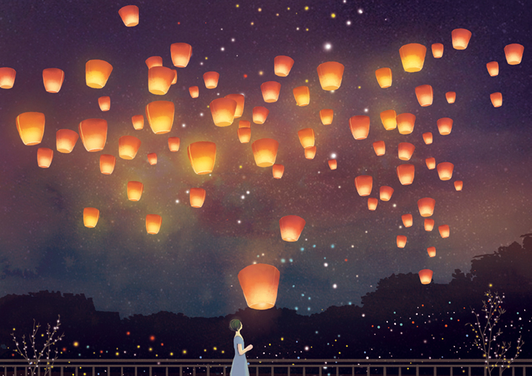 Фото Девушка стоит на мосту, любуясь фонариками в ночном небе