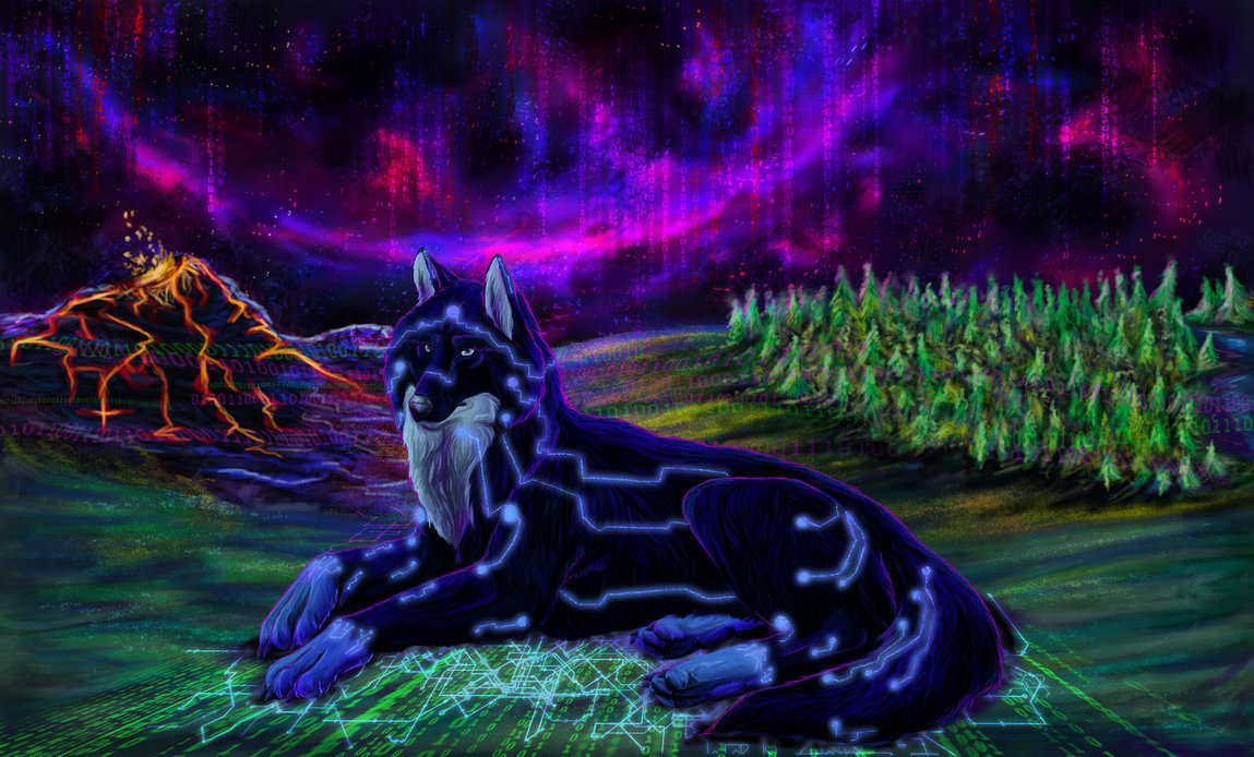 Фото Пиксельное изображение темно-синего волка, лежащего на зеленой траве возле леса и горы с пробудившимся вулканом, под небом с северным сиянием