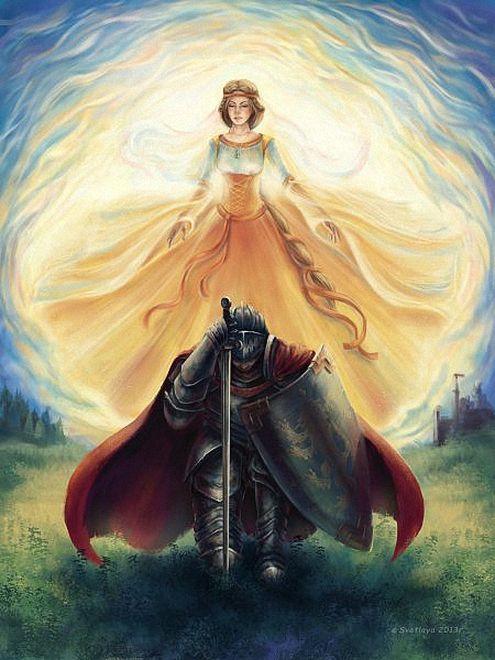 Фото Рыцарь привстав на одно колено, опираясь на меч, клянется в верности воображаемому образу девушки, автор Bereginya