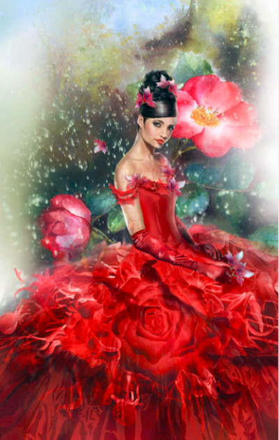 Фото Девушка в красном криолиновом платье из цветов