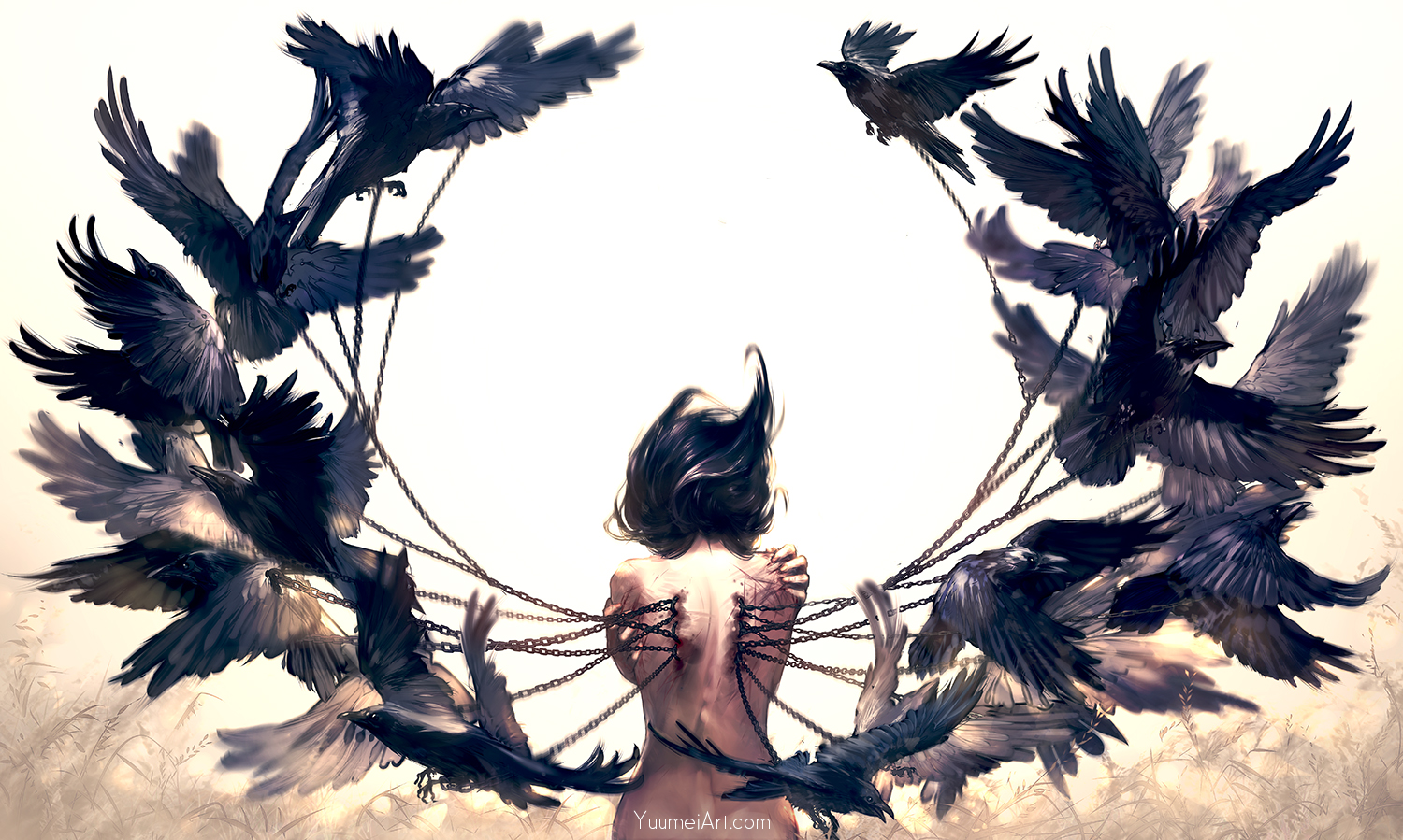 Фото Девушка, из спины которой торчат цепи, прикованные к воронам, by Yuu
