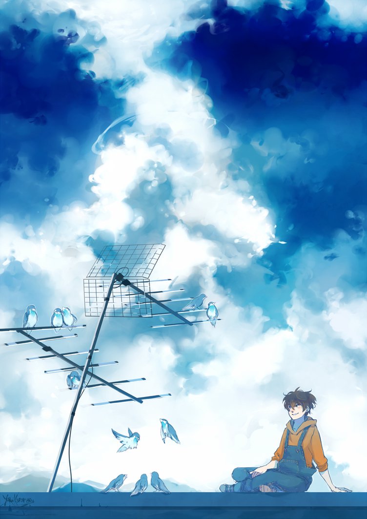 Фото Парень сидит на крыше перед антенной с птицами, by YuruiKarameru