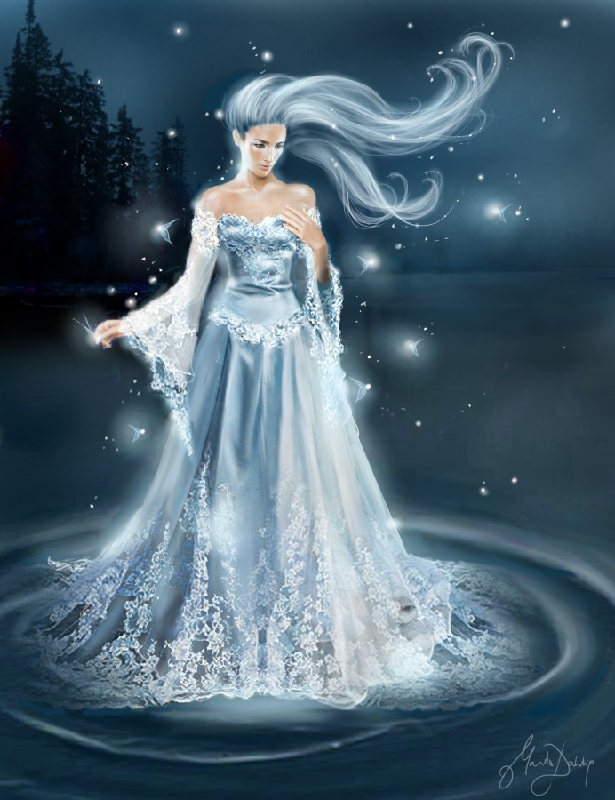 Фото Девушка в длинном платье стоит в воде в лунную ночь, by dahlig