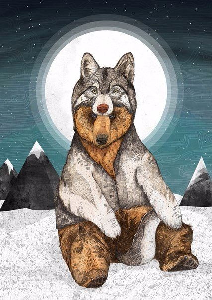 Фото Медведь в шкуре волка, на заднем фоне полная луна и горы с заснеженными пиками. художница Sandra Dieckmann