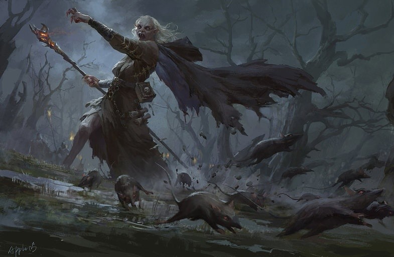 Фото Ведьма с посохом, в старом лесу и бегущими от нее крысами