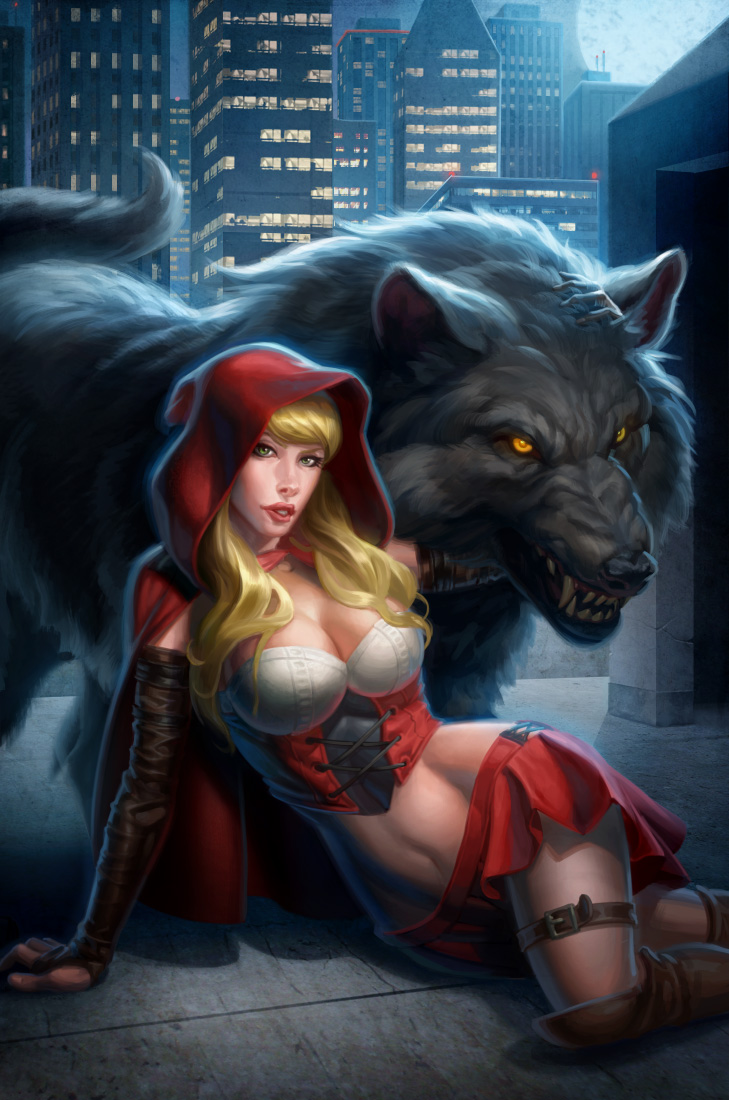 Фото Девушка в образе Красной шапочке и злой волк