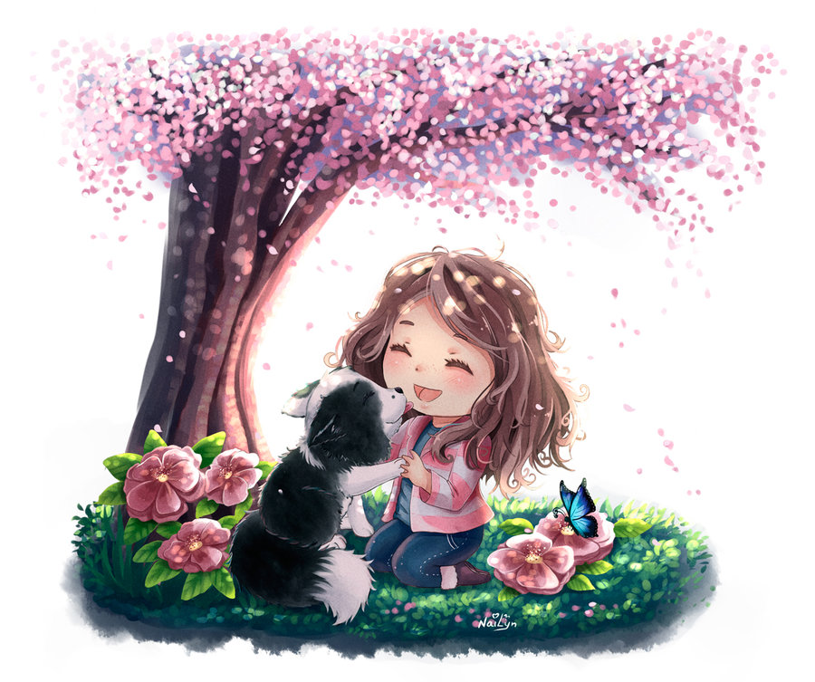 Фото Девочка с собачкой сидят под весенним деревом, by NaiLyn