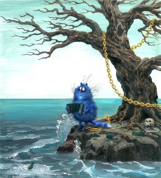 Фото Синий кот играет на гармошке, стоя на берегу безлюдного острова, художница Ирина Зенюк