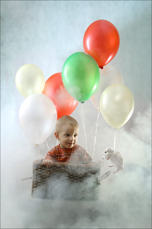 Фото Мальчик летит в корзине на воздушных шариках, а рядом летит морская свинка на шарике, фотограф Брушша