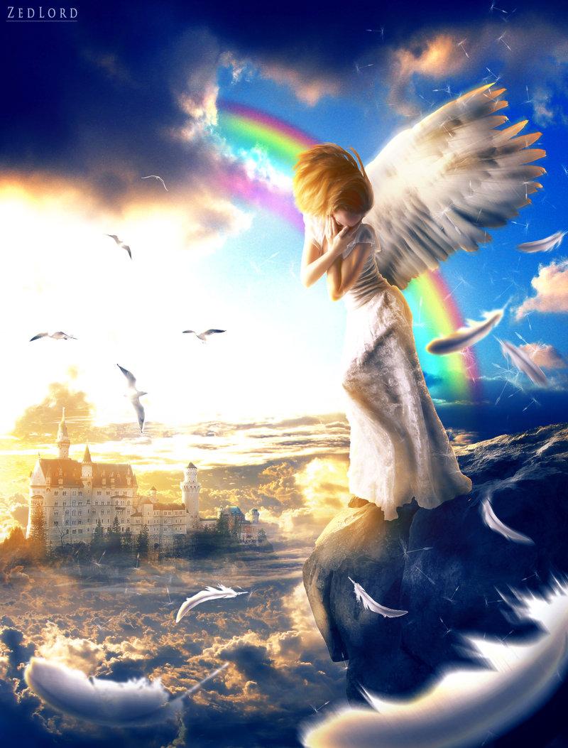 Фото Девушка - ангел на фоне неба с радугой, арт by zedlord