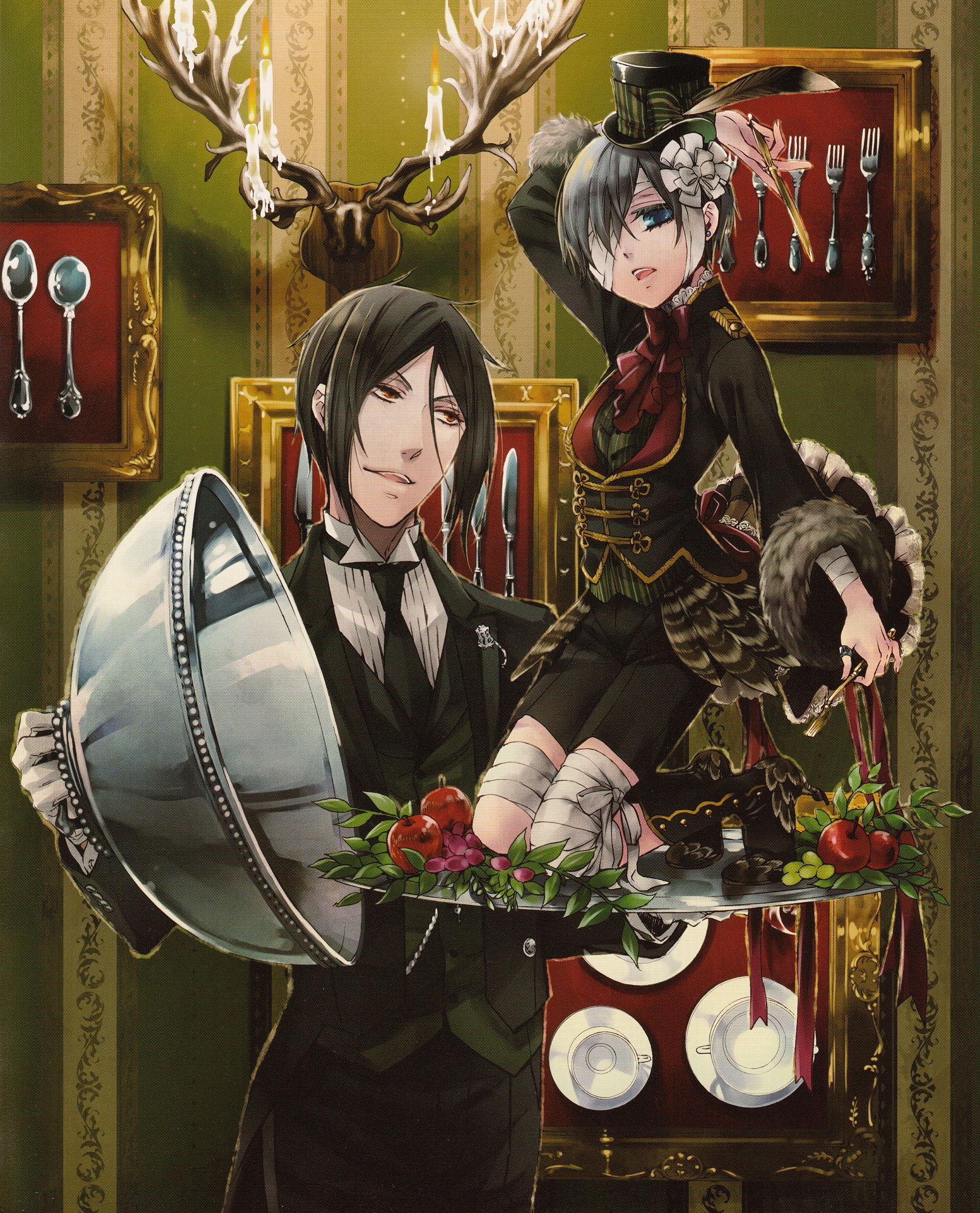 Фото Sebastian Michaelis держит поднос, где сидит Ciel Phantomhive, аниме Kuroshitsuji / Темный дворецкий, art by Yona Toboso