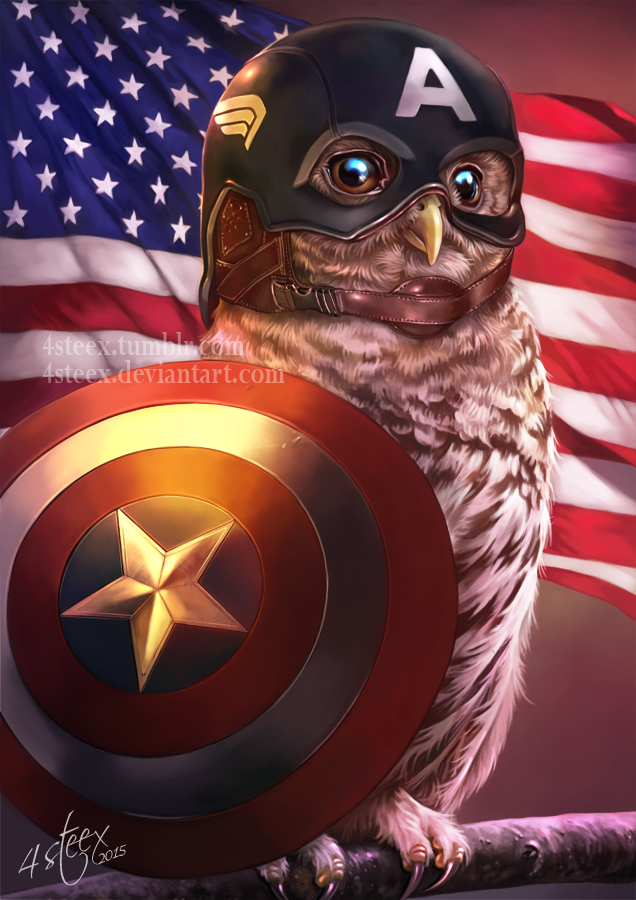 Фото Сова в костюме Капитана Америки, на фоне американского флага, art by 4steex