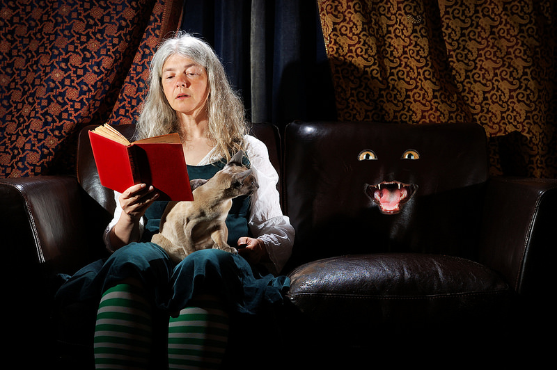 Фото Женщина в костюме ведьмы читает книгу, а кот смотрит на возникшего в диване черного кота, by Apionid