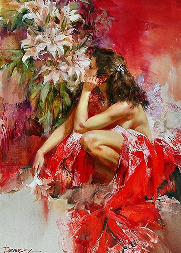 Фото Девушка в красном на фоне цветов, художник Иван Славинский