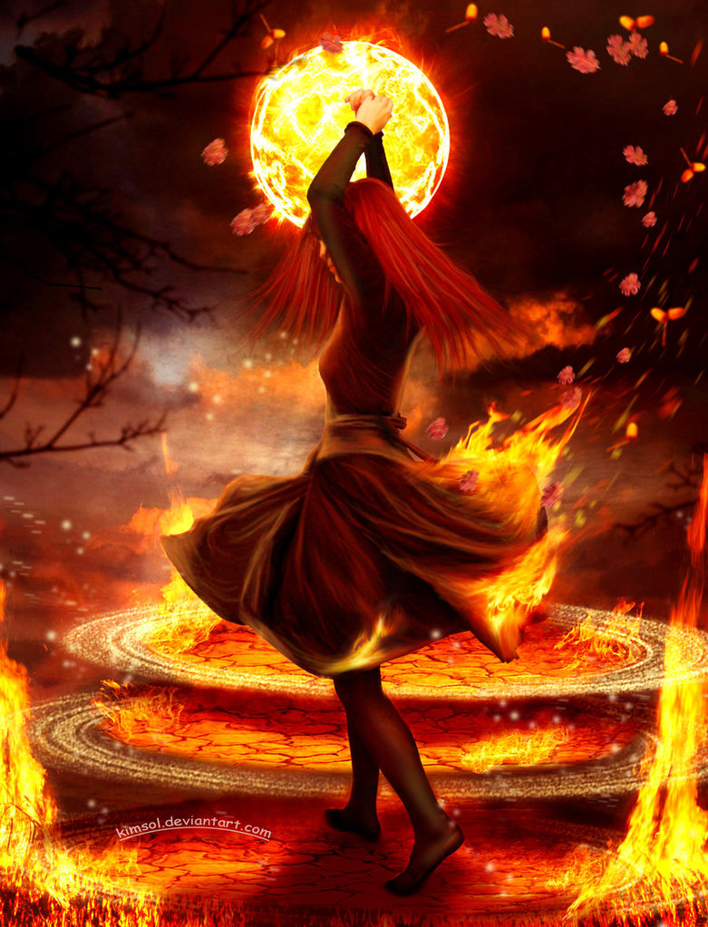 Фото Девушка в огне танцует на фоне огненной луны, by kimsol