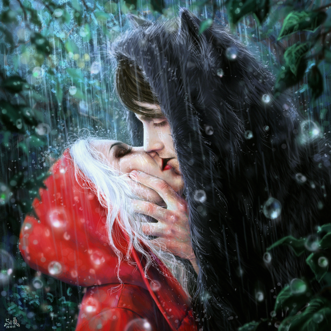Фото Девушка в красном плаще и парень в волчьей шкуре целуются, by Fuytski