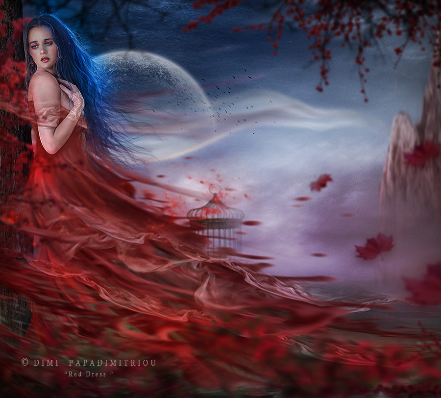 Фото Девушка спряталась за деревом от ветра, который несет листья, рвет в клочья ее длинное красное платье, by Dimi Papadimitriou, Red Dress (Красное платье)