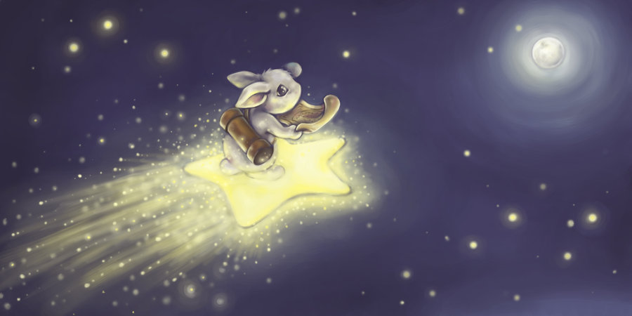 Фото Заяц летит на звезде по ночному небу