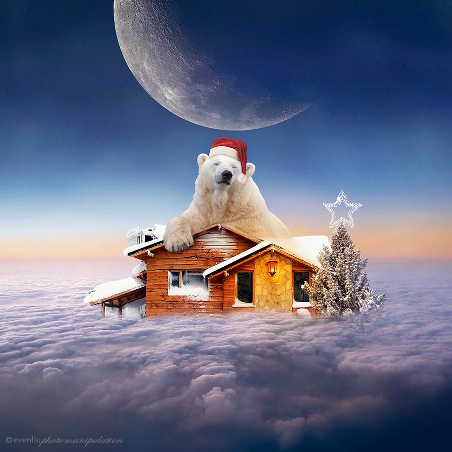Фото Домик с новогодней елкой в облаках и белый медведь в новогодней шапке, ву Evenliu PhotoArt
