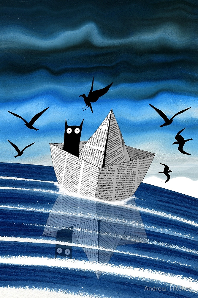 Фото Кот плывет на кораблике из газеты, by Andrew Hitchen