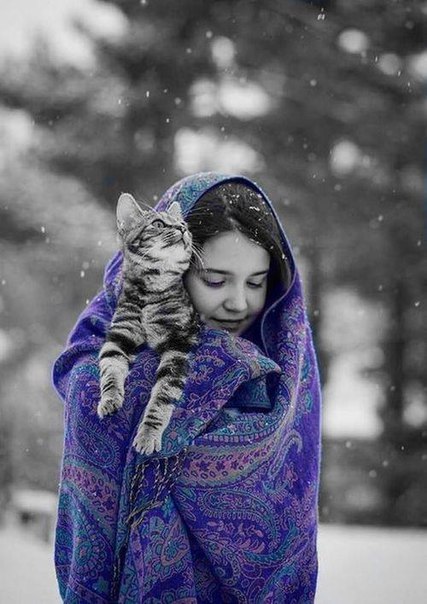 Фото Девочка в цветной шали держит котенка, by Emi Soncillo