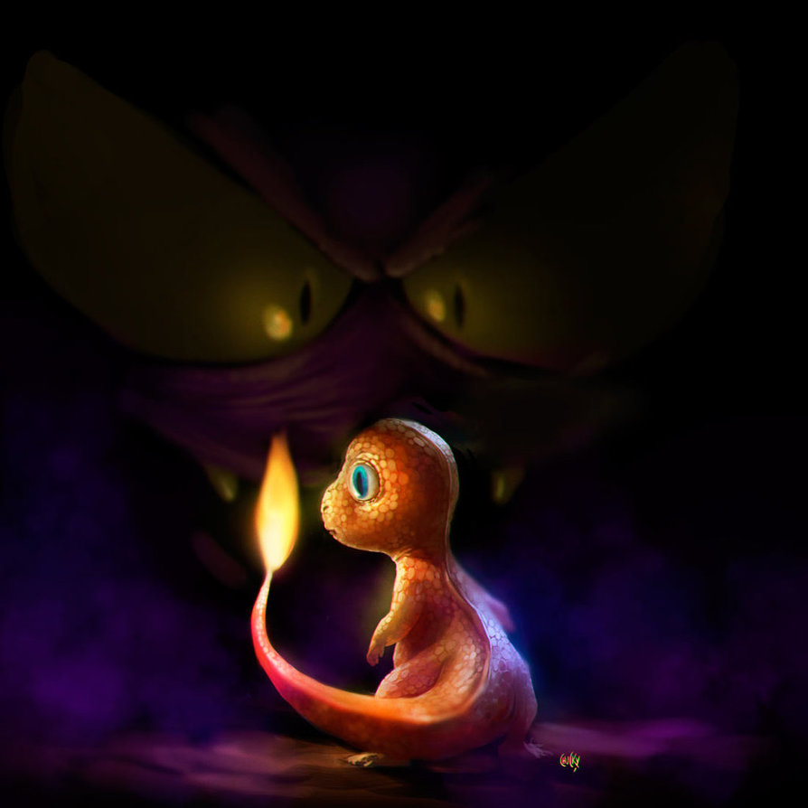 Фото Покемон с огоньком на хвостике испуганно смотрит в темноту, by fubango