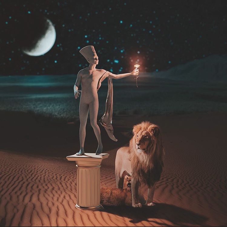 Фото Лев в пустыне смотрит на статую фараона со светящимся цветком в руке, by Nevan Doyle