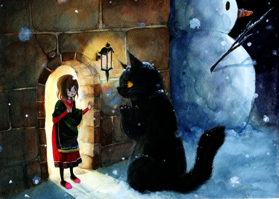 Фото Огромный черный кот и девушка
