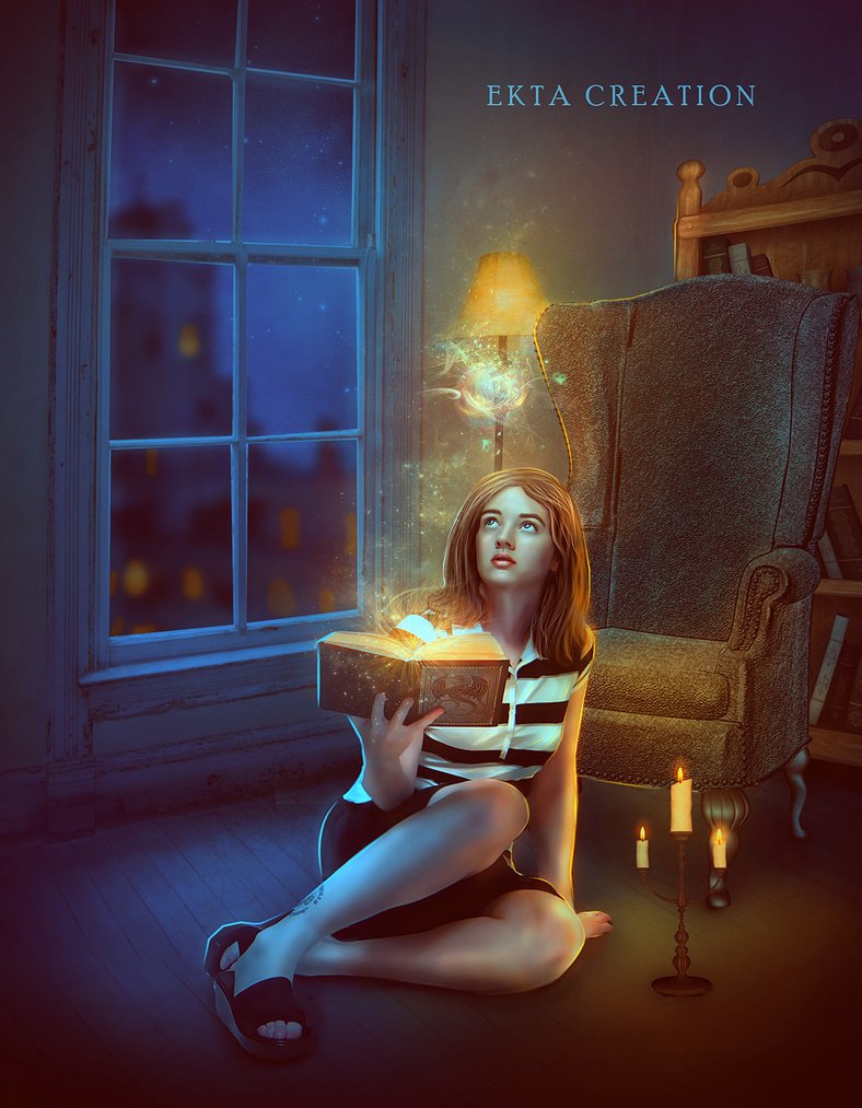 Фото Девушка с волшебной книгой сидит на полу, by ektapinki