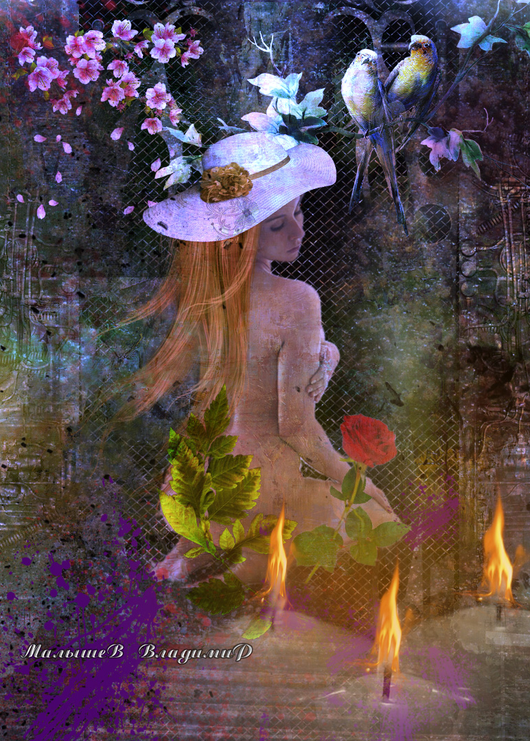 Фото Девушка в шляпе сидит на траве в окружении свечей. Над ней птицы и цветы, художник Владимир Малышев
