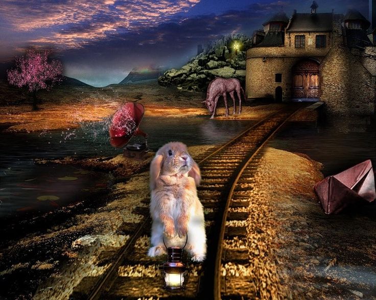 Фото Кролик с фонарем стоит на рельсовых путях, проложенных через дом в фантастической местности, by Nataliorion