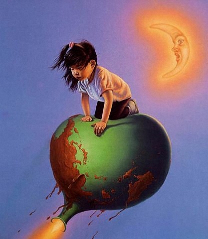 Фото Девочка восточной наружности летит на сдувающемся шарике, в виде земного шара, художник Джим Варрен