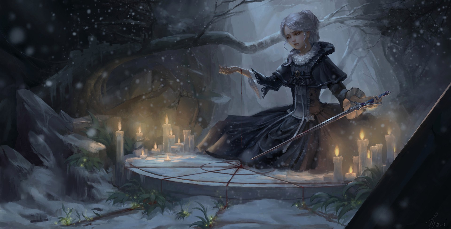 Фото Девушка с мечом сидит перед горящим свечами, ву haoci huang