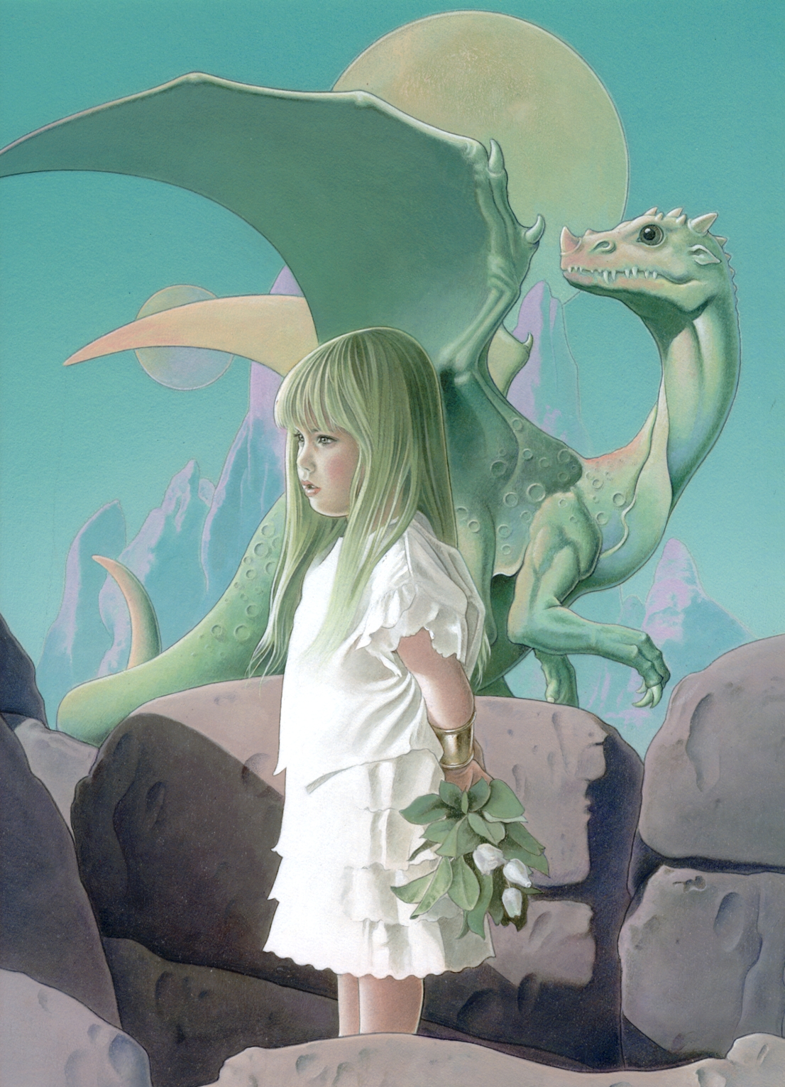 Фото Девочка с цветами в руках стоит перед дракончиком, ву Junichi Murayama