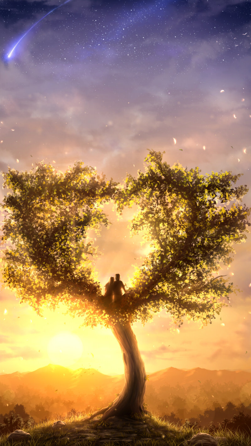 Фото Влюбленные сидят на дереве с кроной в виде сердца, by Juh-Juh
